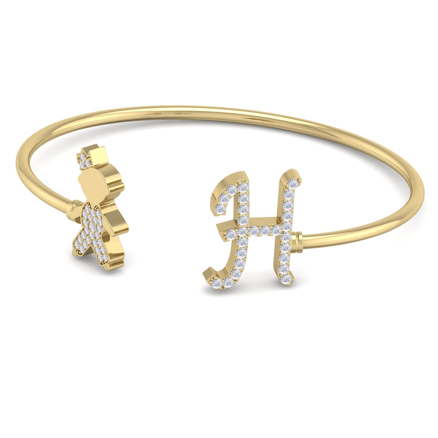 צמיד זהב בעיצוב של בובה ואות שם לילדה