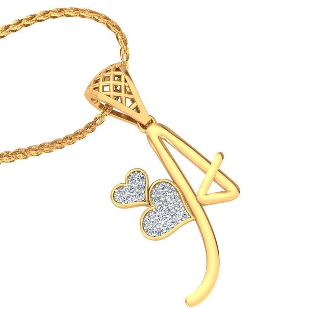 תליון זהב צהוב אות שם בעיצוב לבבות יהלומים