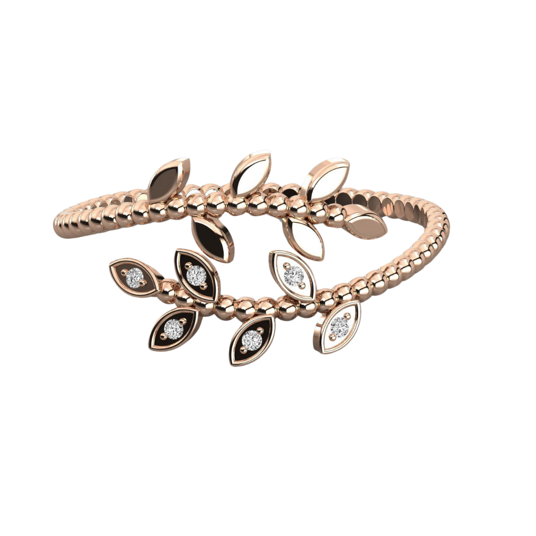 טבעת עדינה מזהב לבן, צהוב או רוז גולד בעיצוב עלים מודרני עם נגיעת וינטג’