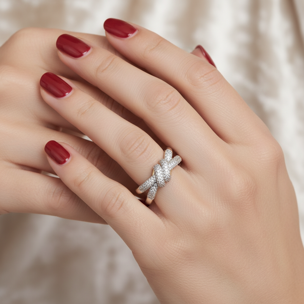 טבעת יהלומים עם זרוע כפולה משובצת – עיצוב יוקרה בעבודת יד