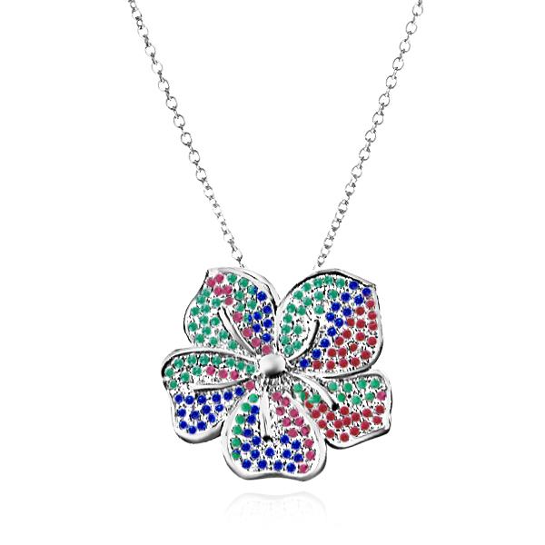 תליון שרשרת זהב יהלומים לבנים יהלומים צבעונים