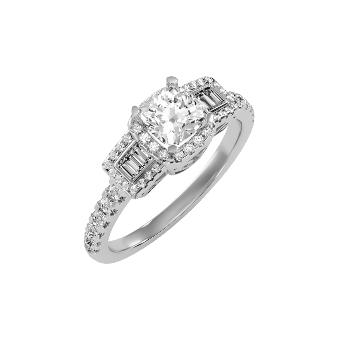 טבעת הולו לאישה- יהלומים חיתוך Cushion, יהלום מרכזי Baguette