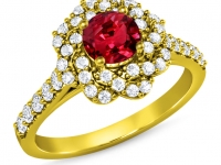 טבעות יהלומים זהב צהוב פרח יהלומים שבמרכזו אבן חן רובי 